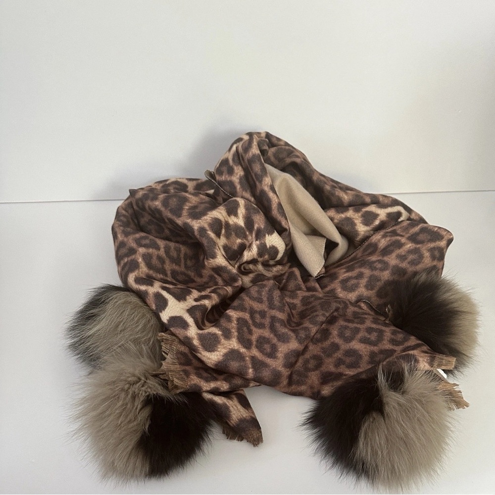 La Fiorentina Brown Animal Print Scarf with Fur Accents